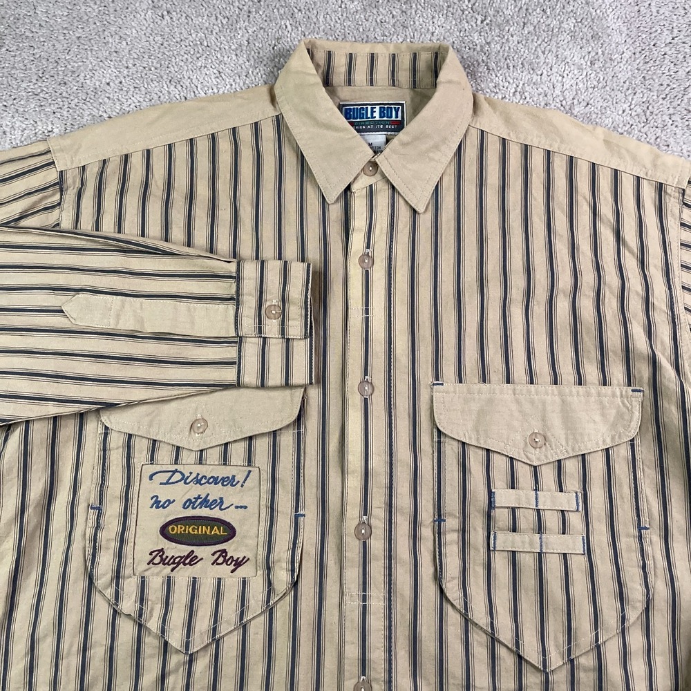 Vintage Bugle Boy Shirt Mens Medium Brown Stripes Embroidered Logo Button Up 90s
